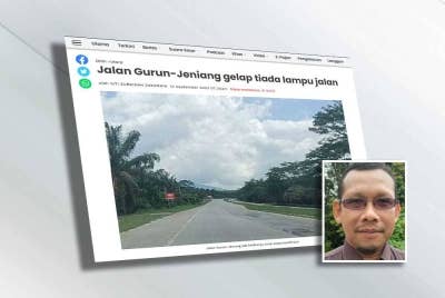 Tangkap layar menunjukkan laporan Sinar Harian mengenai ketiadaan lampu di Jalan Gurun-Jeniang. Gambar kecil: Abdul Ghani