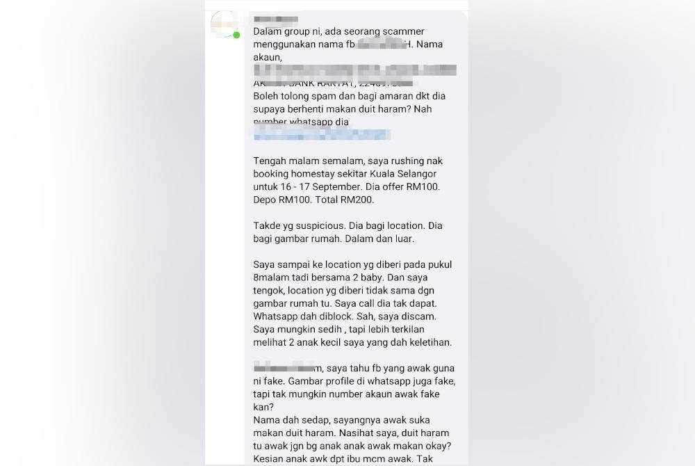 Tangkap layar komen Nurul Aneeyamirah selepas menjadi salah seorang mangsa scammer yang menawarkan penginapan di sebuah inap desa di daerah Kuala Selangor pada Sabtu lalu.