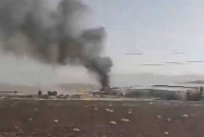 Keadaan di Lapangan Terbang Arbat yang diserang menggunakan dron pada Isnin. - Foto Twitter/Blesa Shaways