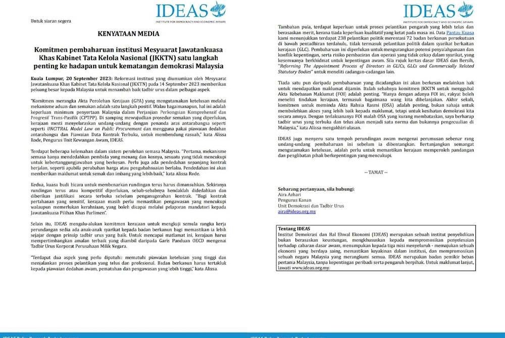 Tangkap layar kenyataan Institut Demokrasi dan Hal Ehwal Ekonomi (Ideas) pada Khamis.