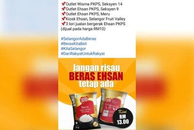 Tangkap layar maklumat dikongsi PKPS di laman Facebooknya termasuk lokasi jualan beras jenama Ehsan