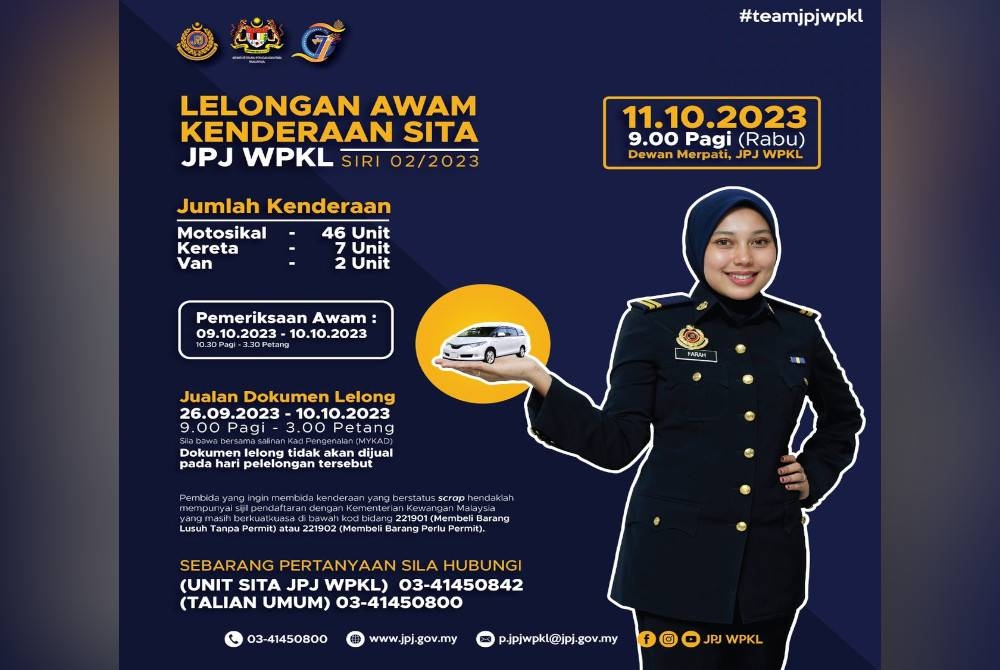JPJ KL akan membuat lelongan 55 kenderaan sita pada 11 Oktober depan.