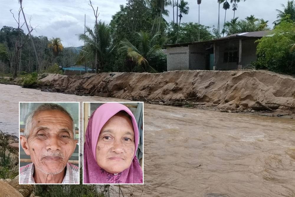 Keadaan tebing pasir di Kampung Iboi yang semakin terhakis membimbangkan penduduk setiap kali hujan lebat. Gambar kecil dari kiri: Mahmud, Rahmah