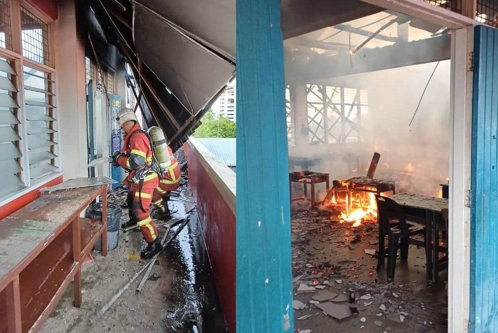 Anggota bomba dan penyelamat melakukan kerja-kerja memadamkan kebakaran. Antara bilik darjah yang terbakar.