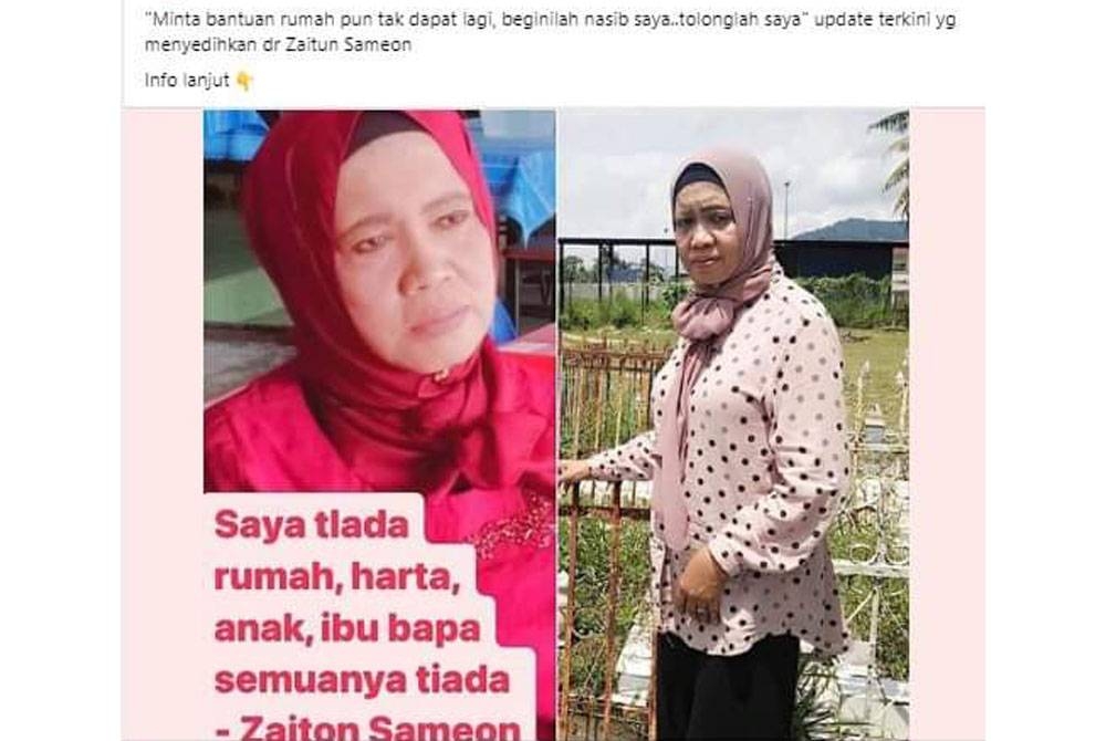 Kesukaran hidup Zaiton mendapat perhatian ramai pihak yang tampil menghulurkan bantuan. Foto: FB LZS