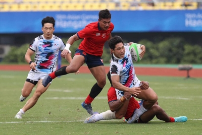 Aksi para pemain skuad Bunga Raya 7s ketika berdepan Korea Selatan dalam perlawanan suku akhir Sukan Asia Hangzhou 2022.