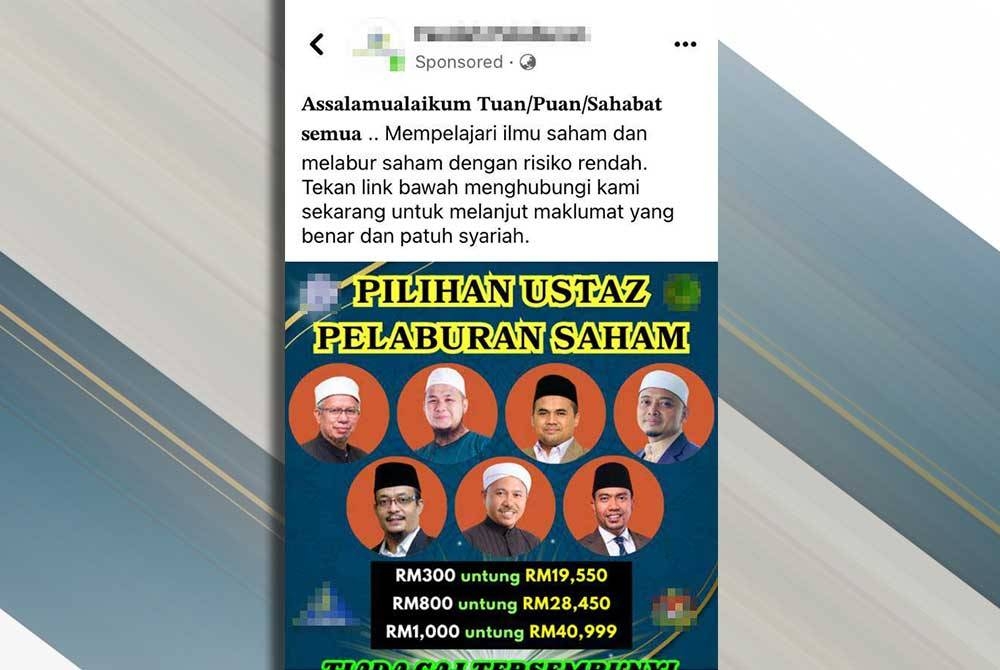 Poster yang memaparkan gambar pendakwah dan penceramah terkenal bagi menarik perhatian masyarakat untuk melabur saham.