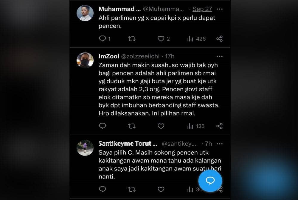 Tangkap layar cadangan pengguna aplikasi X di ruangan komen bagi tinjauan pendapat pada Khamis.