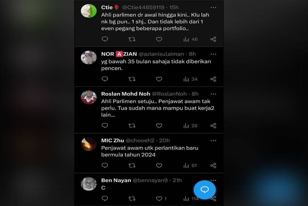 Tangkap layar cadangan pengguna aplikasi X di ruangan komen bagi tinjauan pendapat pada Khamis.