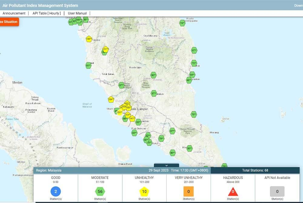 Sebanyak 10 kawasan merekodkan bacaan IPU tidak sihat, setakat jam 5 petang Jumaat. - Infografik laman web APIMS