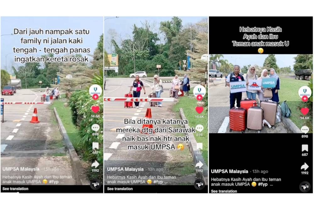 Tangkap layar menerusi hantaran video oleh pihak UMPSA memaparkan keluarga yang berjalan kaki ketika hari pendaftaran di universiti berkenaan.