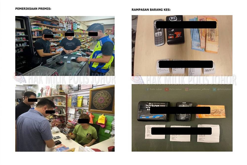 Anggota polis melakukan pemeriksaan di premis disyaki terlibat kegiatan judi dalam talian dan loteri haram selain merampas telefon bimbit pelbagai jenama, pencetak serta wang tunai dalam Op Dadu dilakukan di seluruh Johor.