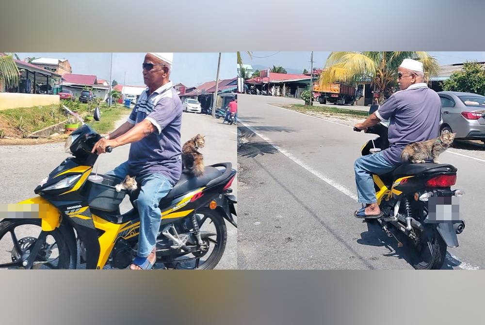 Abdul Aziz bersama Kiki (belakang) dan Lala yang seronok dibawa menaiki motosikal setiap hari. Kiki dan Lala menjadi kesayangan Abdul Aziz menjadi tarikan di Felda Chemomoi