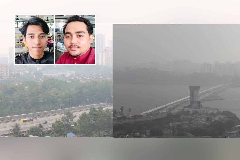 Keadaan di sekitar bandar raya Johor Bahru pada Ahad yang dilanda jerebu. Tambak Johor hampir 'hilang' akibat jerebu yang melanda. Gambar kecil: MUHAMMAD FAUZAN, MUHAMMAD IMRAN