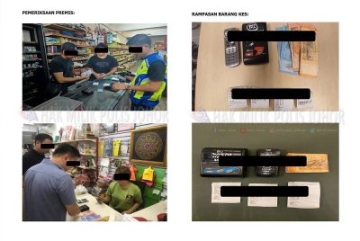 Anggota polis melakukan pemeriksaan di premis disyaki terlibat kegiatan judi dalam talian dan loteri haram selain merampas telefon bimbit pelbagai jenama, pencetak serta wang tunai dalam Op Dadu dilakukan di seluruh Johor.