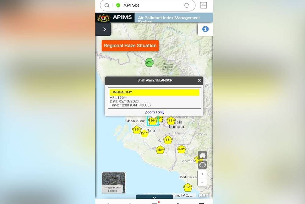 Tangkap layar info grafik laman web APIMS pada Isnin.
