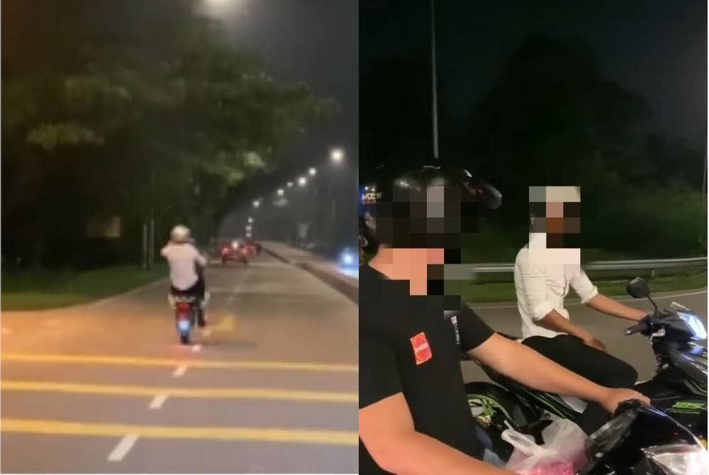 Tangkap layar video yang memaparkan lelaki Pakistan melakukan aksi 'wheelie' di Jalan Kota Tinggi- Kluang pada April lalu.