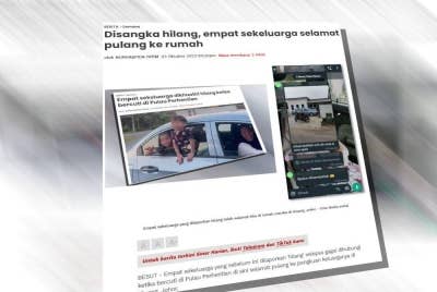 Laporan Sinar Harian tentang sebuah keluarga yang dikhuatiri hilang pulang dengan selamat ke Kluang.
