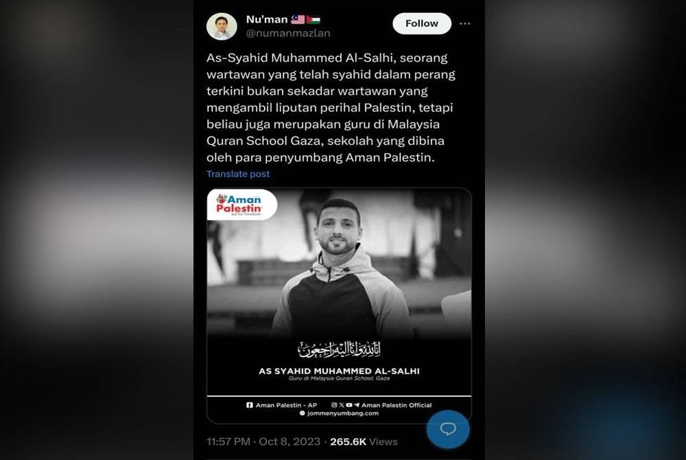 Tangkap layar hantaran Ahmad Nu'man Mazlan di aplikasi X pada Isnin.