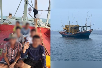 (Gambar kiri) Warga asing yang ditahan kerana disyaki bekerja atas bot nelayan tempatan tanpa kebenaran. (Gambar kanan) Bot nelayan tempatan yang ditahan di perairan Kuala Kuantan pada Ahad.