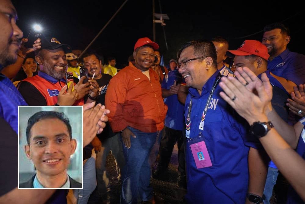 Calon BN, Datuk Amizar Abu Adam meraikan kemenangan bersama jentera selepas diisytiharkan sebagai pemenang PRK DUN Pelangai. Gambar kecil: Anis Anwar