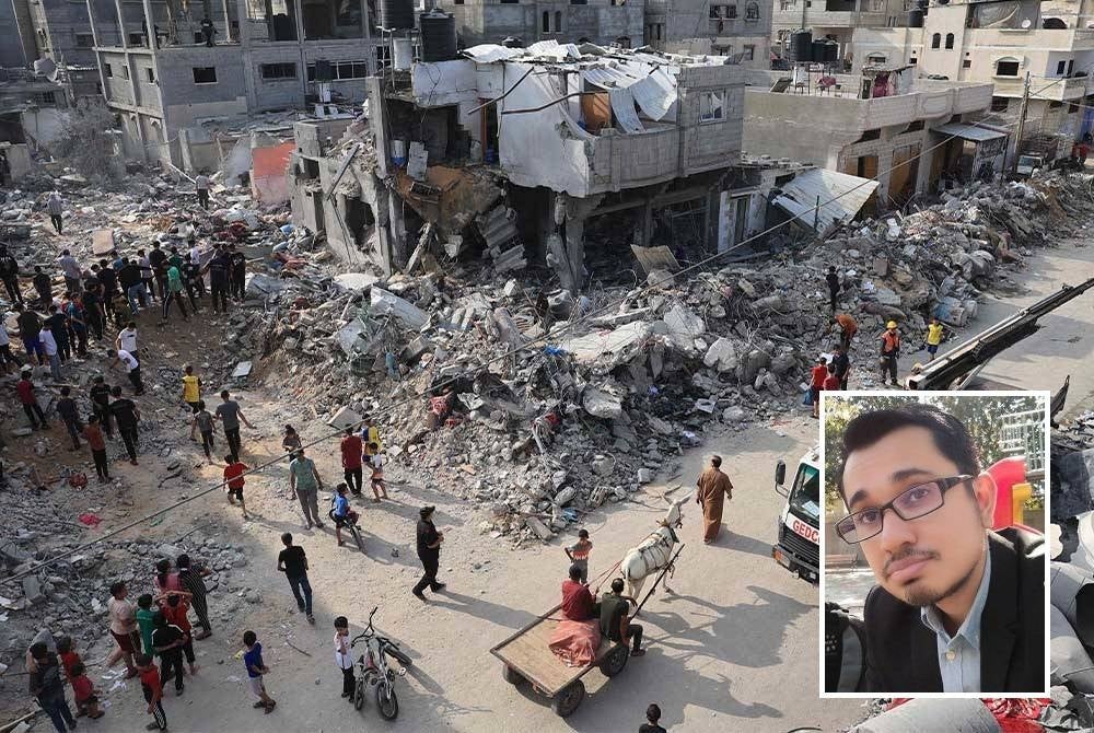 Rakyat Palestin melihat kemusnahan di sekitar runtuhan bangunan yang dilanda semasa serangan udara Israel ke atas Rafah di selatan Semenanjung Gaza. - Foto AFP (Gambar kecil: Dr Muzaffar Syah Mallow)