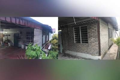 Keadaan rumah binaan papan milik keluarga Azidah sebelum dibaik pulih (kiri) dan selepas proses baik pulih.