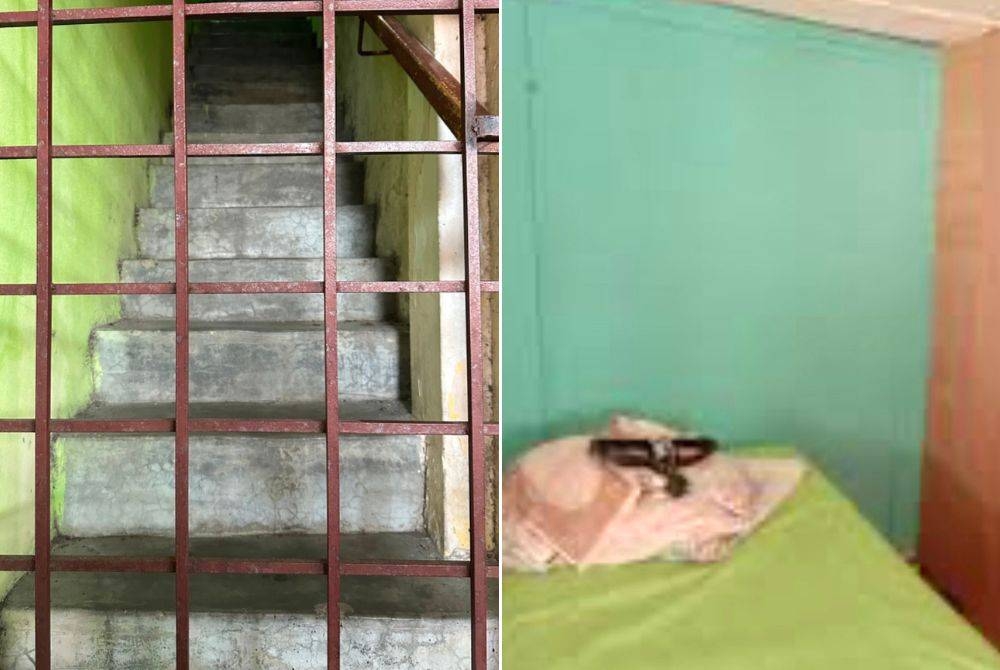 Laluan tangga ke bilik sewa di tingkat atas sebuah premis di Kota Bharu. Gambar kanan: Bilik yang dibina dengan papan lapis. - Gambar hiasan