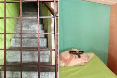 Laluan tangga ke bilik sewa di tingkat atas sebuah premis di Kota Bharu. Gambar kanan: Bilik yang dibina dengan papan lapis. - Gambar hiasan