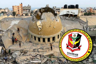 Keadaan Masjid Muhammad Al Amin di Gaza, Palestin yang musnah akibat serangan bom Zionis Israel pada 8 Oktober lalu.