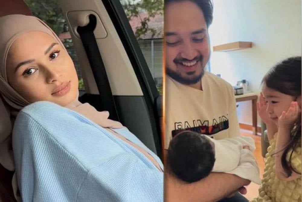 Izara Aishah memuat naik video Adib sedang memangku bayi yang baru dilahirkan sambil diperhatikan anak pertamanya, Irisa Alaia. Foto Instagram Izara Aishah