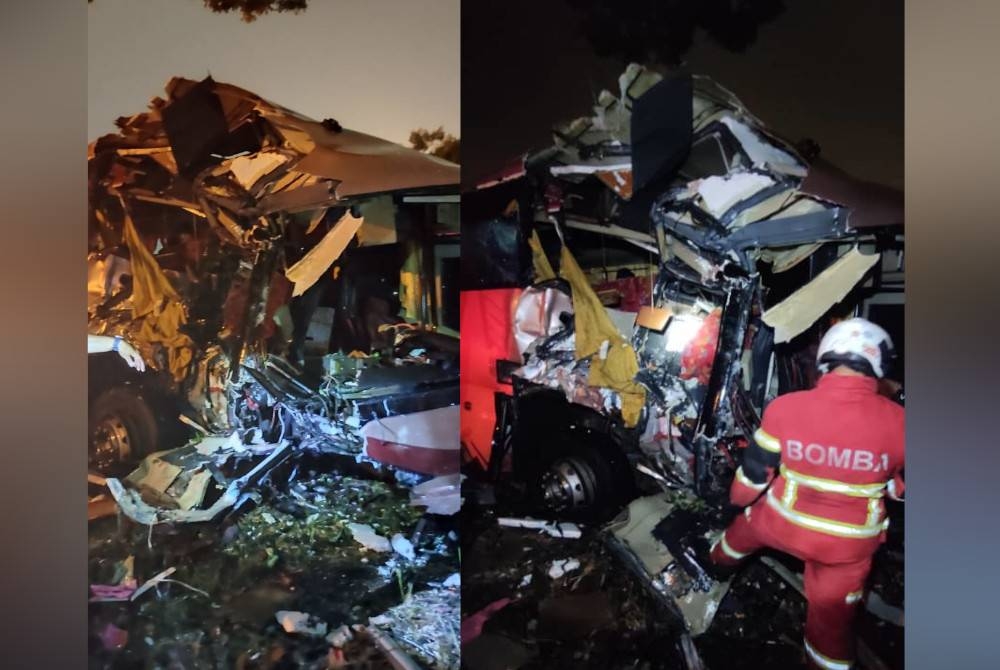 
Keadaan bas ekspres terbabit dalam nahas di Jalan Meru berhampiran Hospital Columbia Asia pada Ahad. Pihak bomba sedang melakukan kerja-kerja menyelamat dalam nahas melibatkan sebuah bas ekspres di Jalan Meru berhampiran Hospital Columbia Asia pada Ahad.