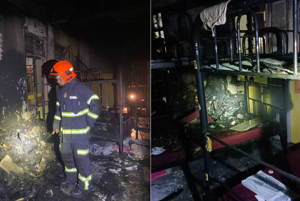 Anggota bomba melakukan pemeriksaan selepas memadamkan kebakaran di blok asrama pelajar perempuan di SMK Seri Kenangan, Batu Anam, Segamat pada malam Ahad.