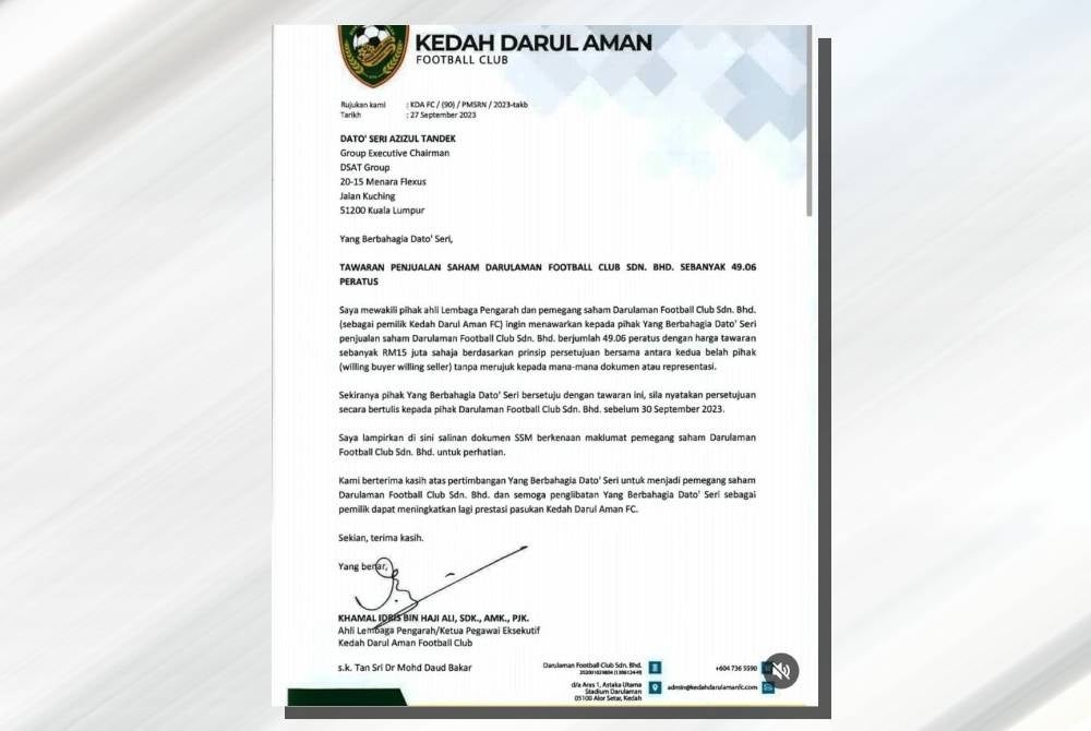 Surat KDA FC yang tular di media sosial.