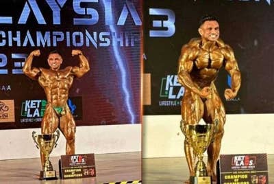 Kumareswarren memperagakan jisim otot yang 'mengancam' untuk muncul juara kategori heavyweight, sekali gus melayakkan diri ke pusingan Juara antara Juara. - Foto Bernama