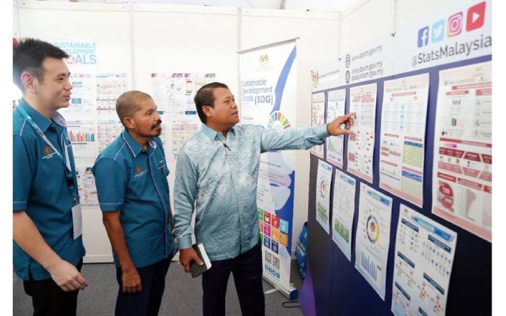 Nor Azmie (kanan) dan Mohd Uzir (tengah) melawat pameran ketika majlis sambutan HSN 2023 di Stadium Sungai Besar, di sini pada Jumaat.