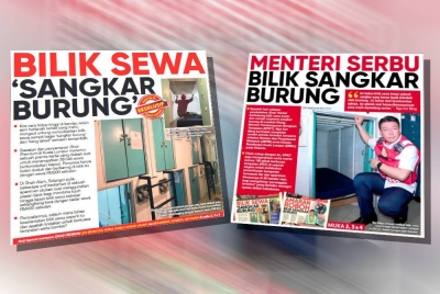 Keratan akhbar Sinar Harian pada 10 Oktober dan 20 Oktober lalu berkenaan pendedahan pertama Sinar Harian dan semasa Menteri KPKT, Nga Kor Ming melakukan serbuan di bilik sewa sangkar burung.