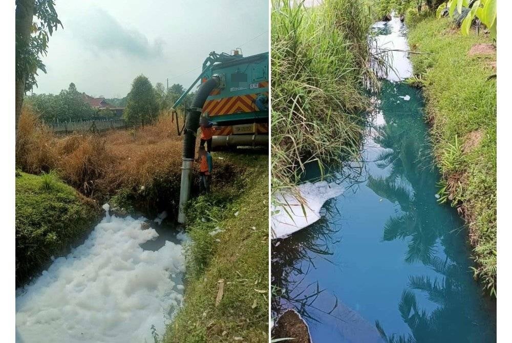Keadaan parit di Kampung Bukit Bayan yang tercemar dan berbuih dipercayai akibat tindakan pihak mencuci tong di lokasi berkenaan pada bulan lalu.
