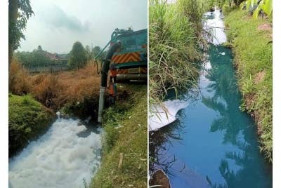 Keadaan parit di Kampung Bukit Bayan yang tercemar dan berbuih dipercayai akibat tindakan pihak mencuci tong di lokasi berkenaan pada bulan lalu.