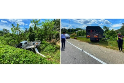Keadaan dua lori yang terlibat dalam kemalangan tiga kenderaan di KM6 Jalan Lipis-Benta pada Isnin. - Foto Ihsan PDRM