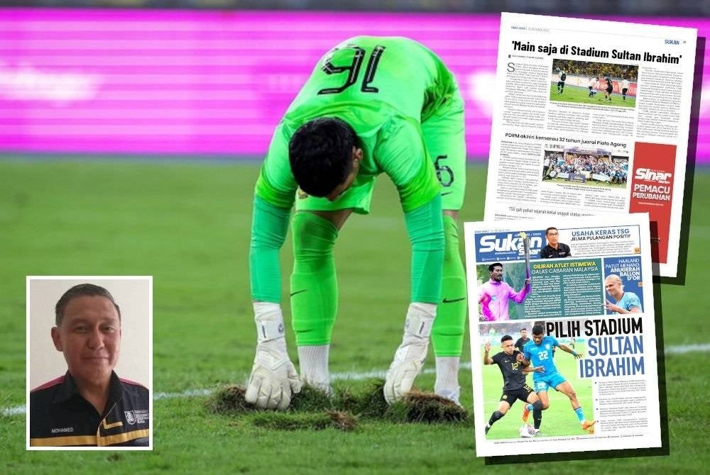 Penjaga gol Harimau Malaya, Ahmad Syihan Hazmi Mohamed membetulkan rumput yang 'terkoyak' ketika menentang India dalam aksi Pestabola Merdeka 2023 di Stadium Nasional Bukit Jalil pada 13 Oktober lalu. - Foto Bernama (Gambar kecil: Mohd Sadek)