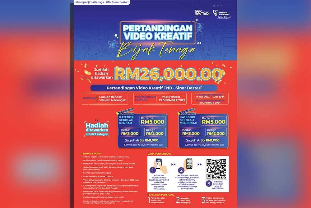 Pertandingan video kreatif 'Bijak Tenaga' TNB – Sinar Bestari menawarkan hadiah bernilai RM26,000.