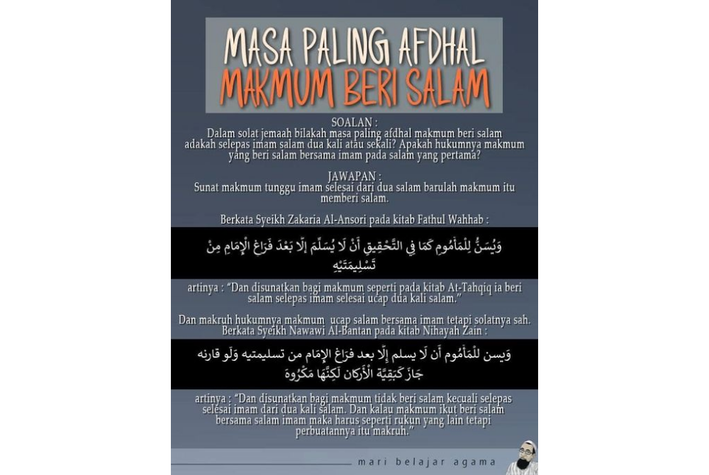 INFOGRAFIK yang disiarkan dalam laman sosial Facebook Ustaz Azhar Idrus tentang masa paling afdal untuk makmum memberi salam.