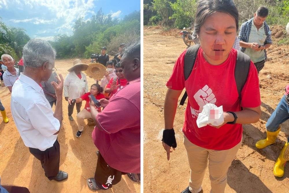 Michael Jeyakumar (kiri) turut hadir dalam bantahan di sebuah ladang di Kanthan, Chemor turut ditahan polis bersama tiga individu lain. (Kanan: Yee Shan cedera dalam bantahan pengusiran paksa petani-petani di sebuah ladang di Chemor). - Foto Ihsan PSM