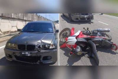 Keadaan kereta dan motosikal akibat terlibat kemalangan di Jalan Kuantan-Maran berhampiran susur Unipsas, Pahang pada Khamis. - Foto FB Polis Trafik Kuantan