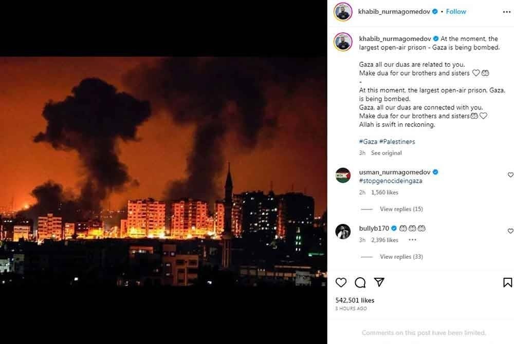 Bekas atlet seni bela campuran (MMA), Khabib Nurmagomedov berkongsi keadaan terkini Gaza yang dibom dalam kegelapan oleh tentera Israel di akaun Instagramnya. - Agensi