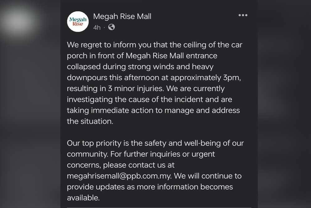 Tangkap layar kenyataan pihak pengurusan Megah Rise Mall berhubung kejadian siling runtuh pada Sabtu.