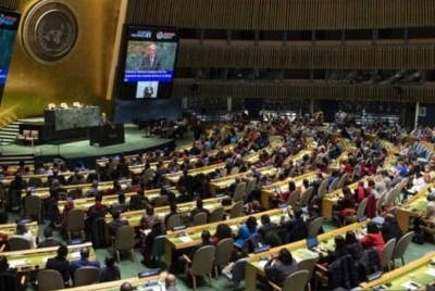 Perhimpunan Agung UNGA pada Jumaat menerima resolusi bertajuk 'Protection of Civilians and Upholding Legal and Humanitarian Obligations' dengan 120 undi menyokong, 14 membantah manakala 45 berkecuali. - Foto Bernama