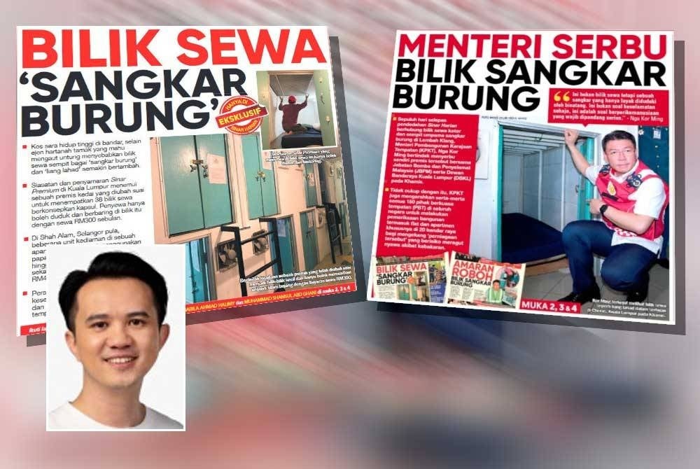 Keratan akhbar Sinar Harian pada 10 Oktober dan 20 Oktober lalu berkenaan pendedahan pertama Sinar Harian dan semasa Kor Ming melakukan serbuan di bilik sewa sangkar burung. Gambar kecil: Seng Hee