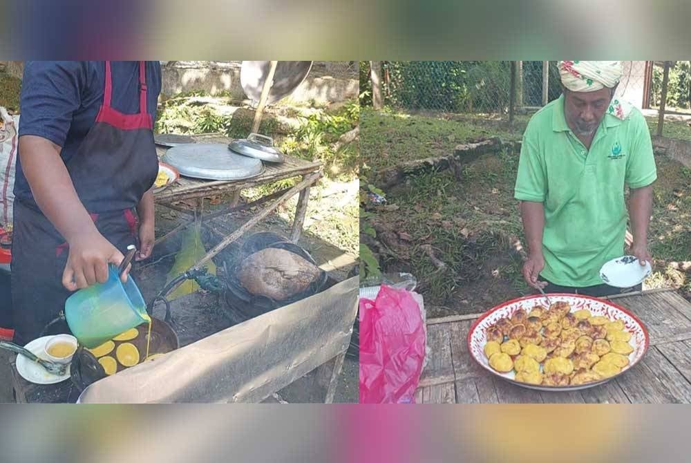 Salah seorang pekerja sedang membakar kuih akok tradisional Terengganu (kiri). 